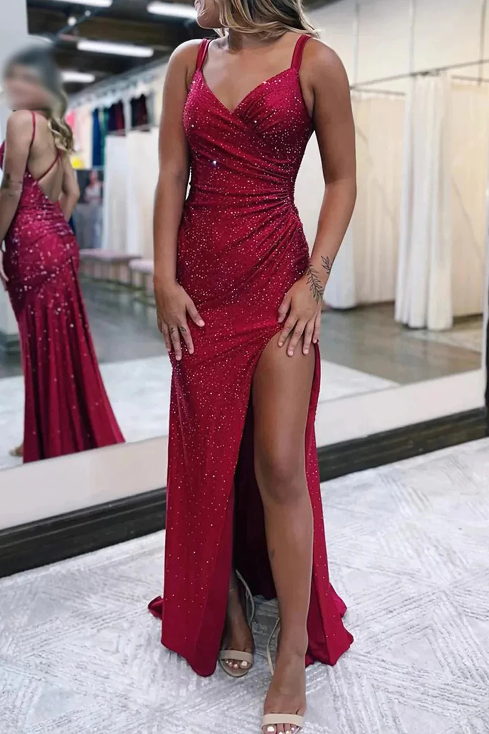 Sparkly Dark Red V Neck Sequins Long Prom Dress with Slit