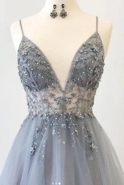 A Line V Neck Grey Beaded Long Prom Dress with Split Formal Dresses