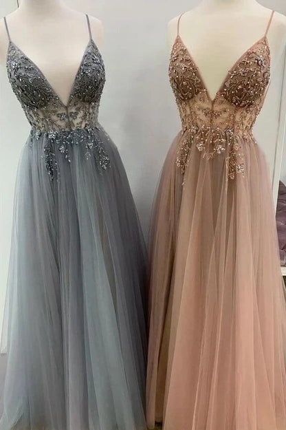 A Line V Neck Grey Beaded Long Prom Dress with Split Formal Dresses