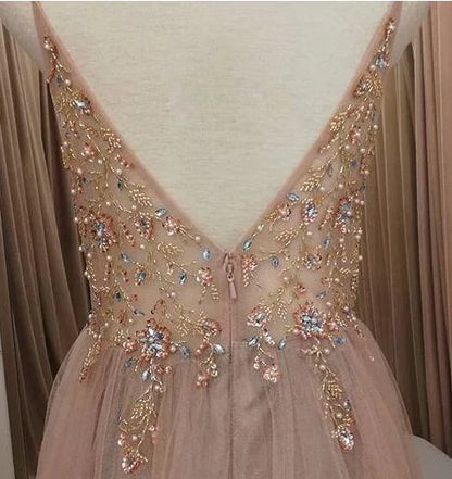 A Line V Neck Grey Beaded Long Prom Dress with Split Formal Dresses