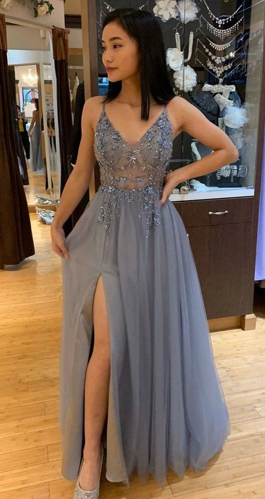 A Line V Neck Grey Beaded Long Prom Dress with Split Formal Dresses
