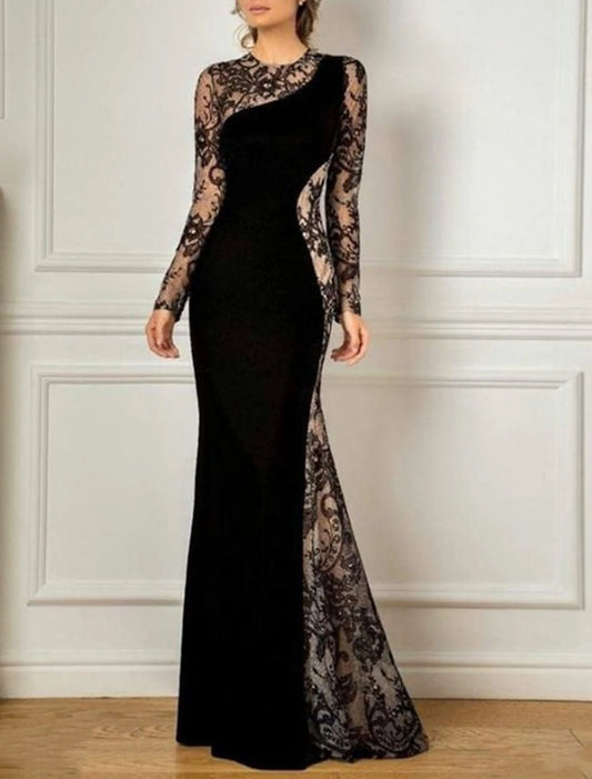Mermaid Mother of the Bride Dress Wedding Guest Formal Evening Elegant Party Jewel Neck Floor Length Lace Velvet Long Sleeve No with Appliques Color Block 2025