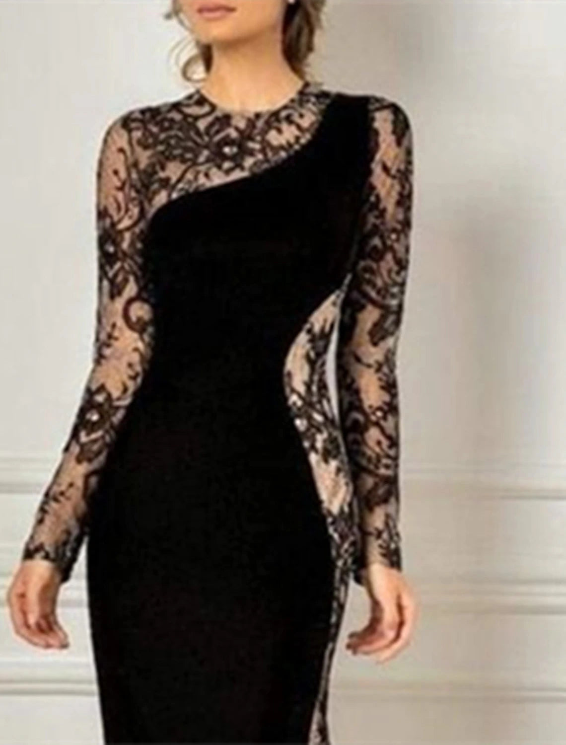 Mermaid Mother of the Bride Dress Wedding Guest Formal Evening Elegant Party Jewel Neck Floor Length Lace Velvet Long Sleeve No with Appliques Color Block 2025