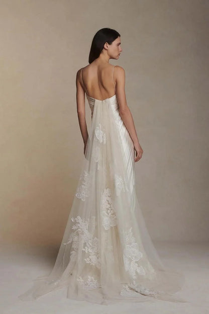 Stain Spaghetti Strap Sleeveless Long Prom Dress With Appliques