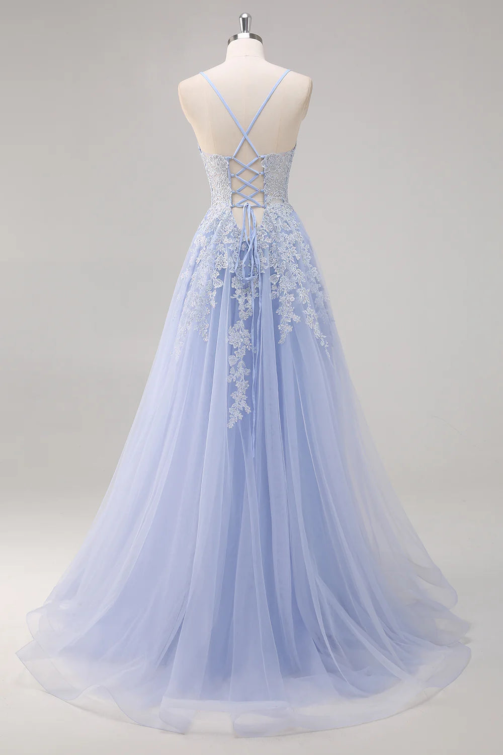 A Line Spaghetti Straps Tulle Beaded Long Prom Dress with Slit