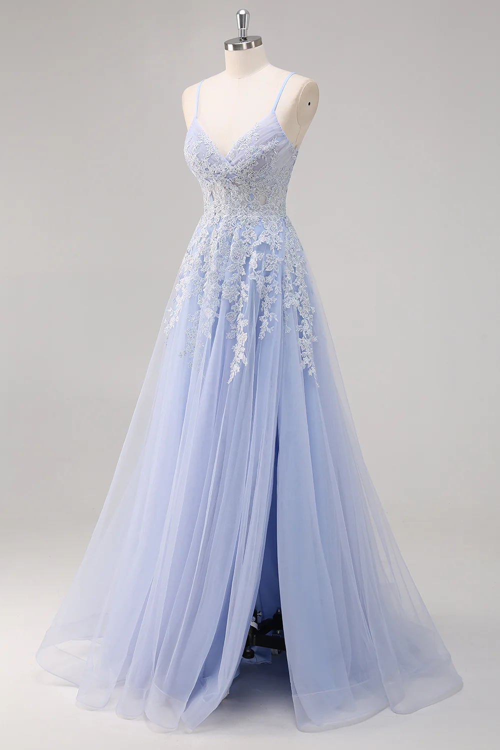 A Line Spaghetti Straps Tulle Beaded Long Prom Dress with Slit