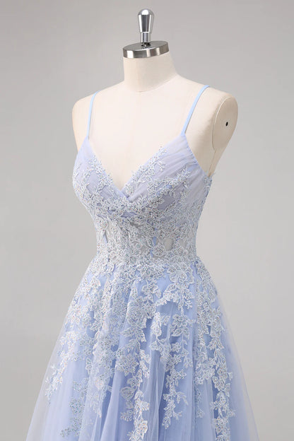 A Line Spaghetti Straps Tulle Beaded Long Prom Dress with Slit