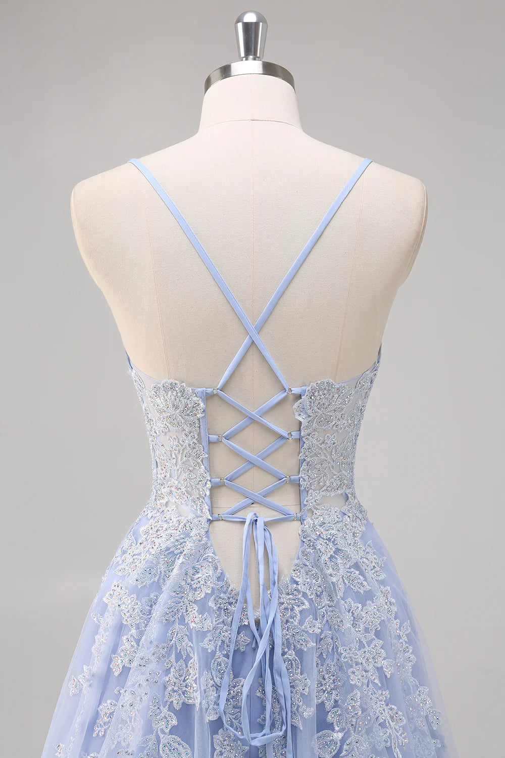 A Line Spaghetti Straps Tulle Beaded Long Prom Dress with Slit