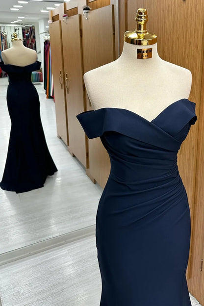 Navy Off-the-Shoulder Trumpet Long Formal Dress