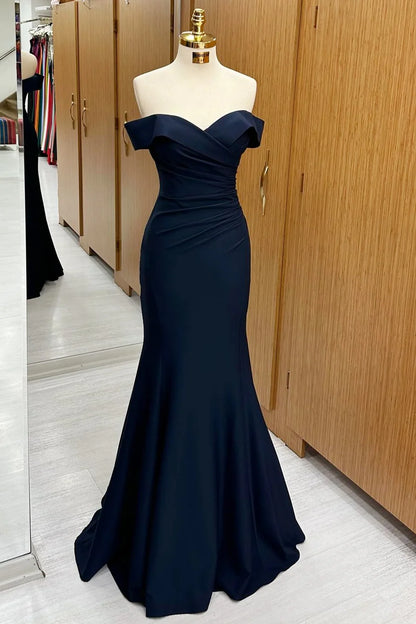 Navy Off-the-Shoulder Trumpet Long Formal Dress