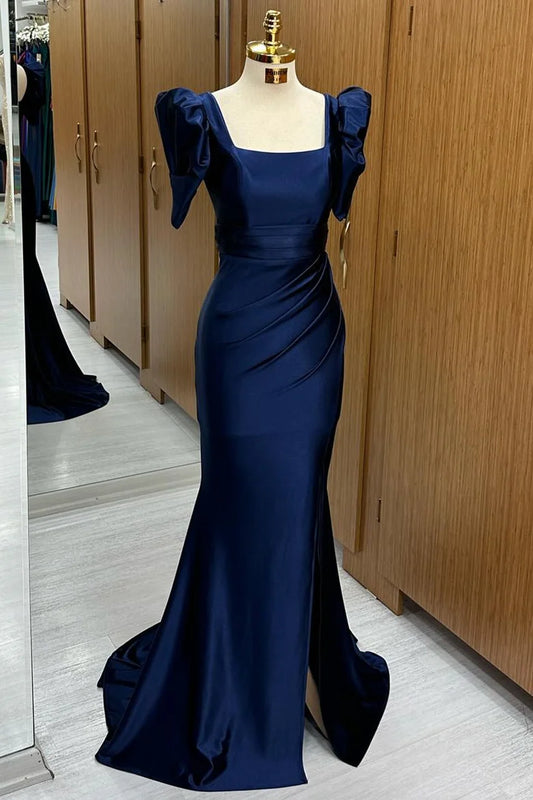 Navy Square Neck Puff Sleeve Mermaid Long Formal Dress