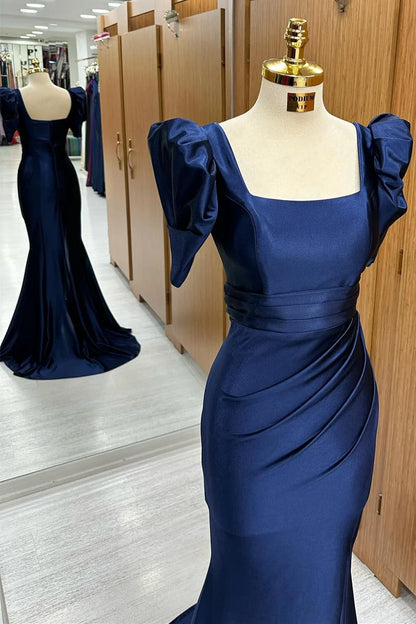 Navy Square Neck Puff Sleeve Mermaid Long Formal Dress