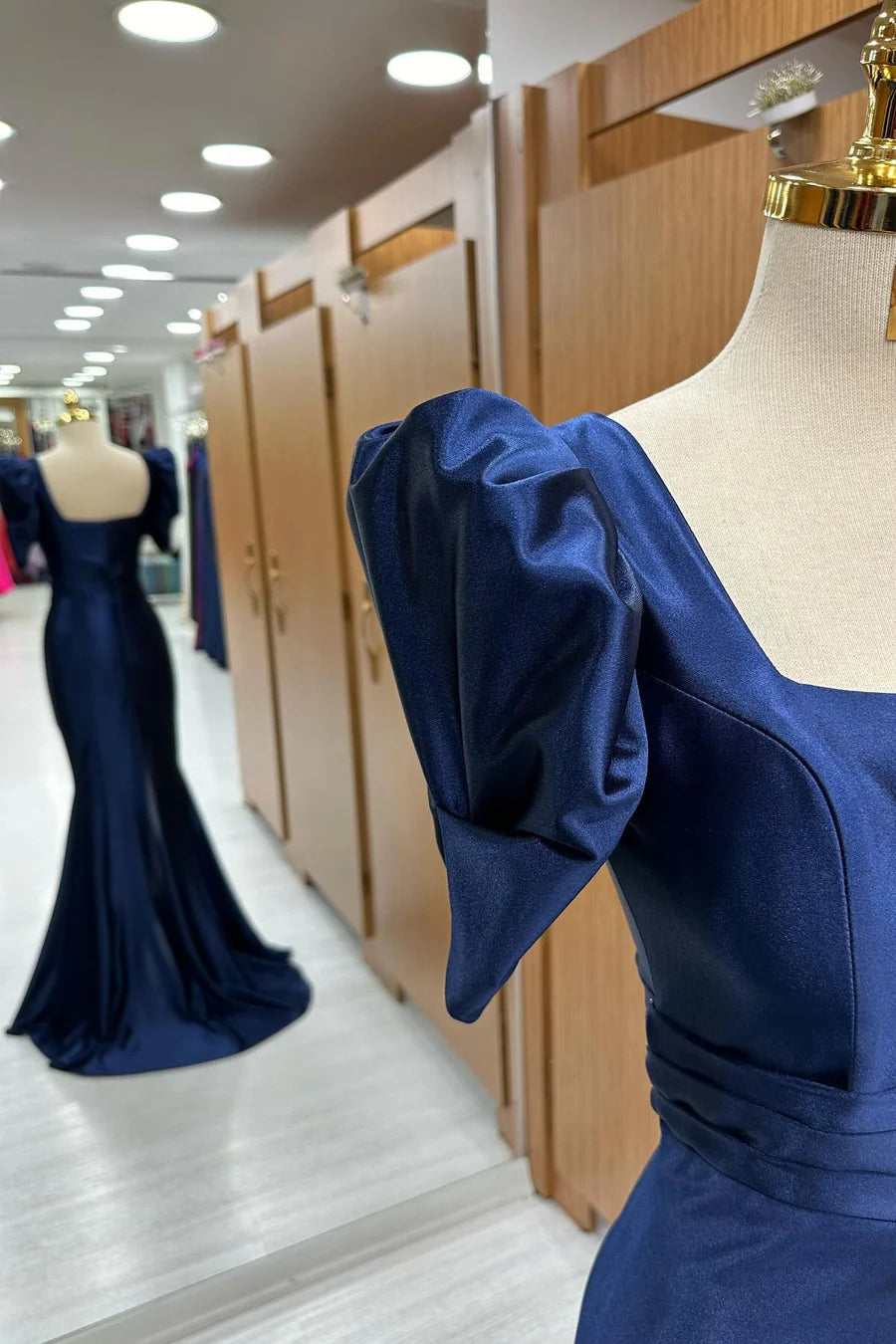 Navy Square Neck Puff Sleeve Mermaid Long Formal Dress