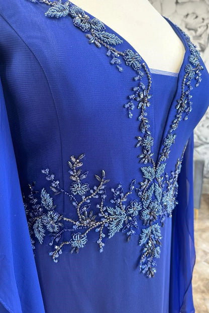 Royal Blue Beaded Embroidery Mother's Gown with Tiered Sleeves