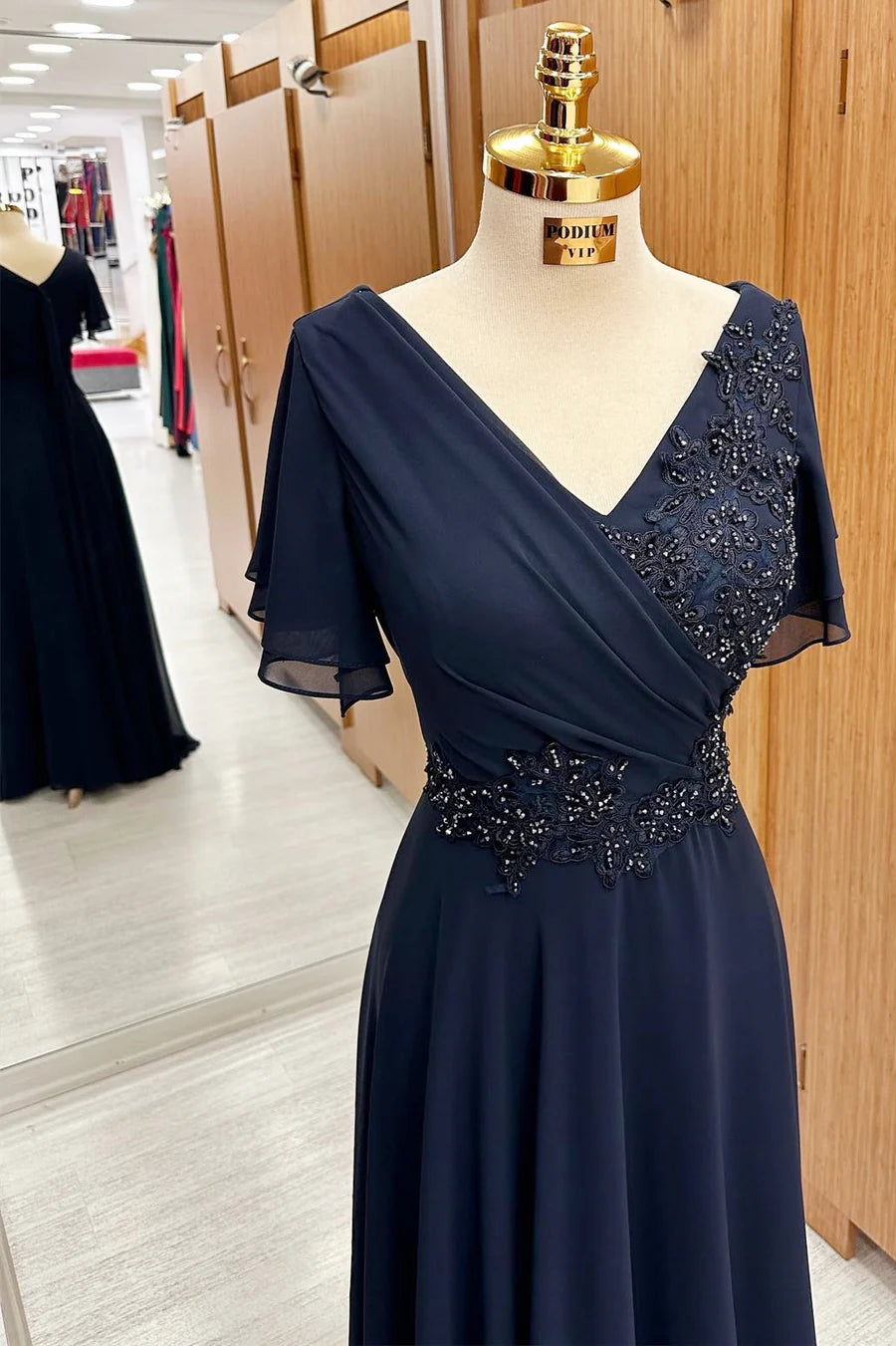 Navy Blue V-Neck Beaded Embroidery Mother'Gown