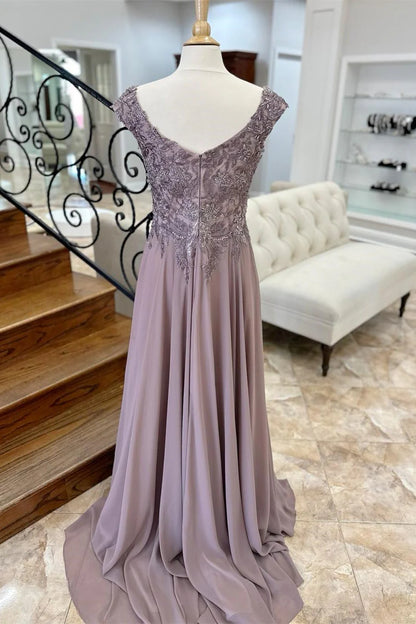 Mauve Appliques Cap Sleeve A-Line Long Formal Dress