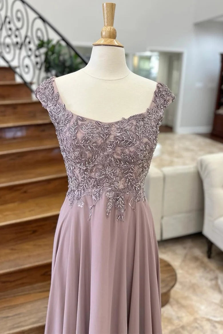 Mauve Appliques Cap Sleeve A-Line Long Formal Dress