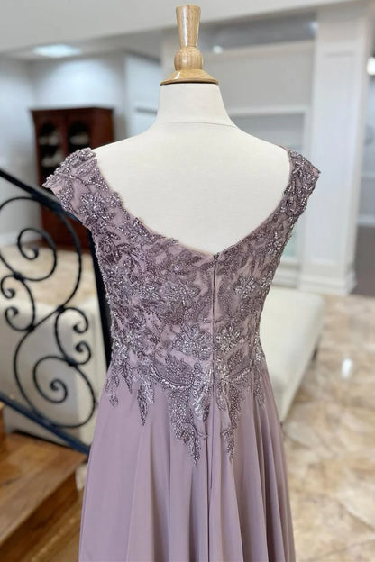 Mauve Appliques Cap Sleeve A-Line Long Formal Dress