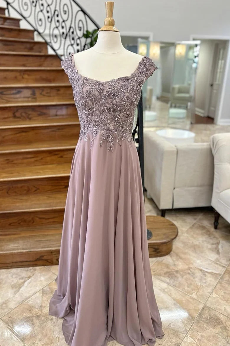 Mauve Appliques Cap Sleeve A-Line Long Formal Dress