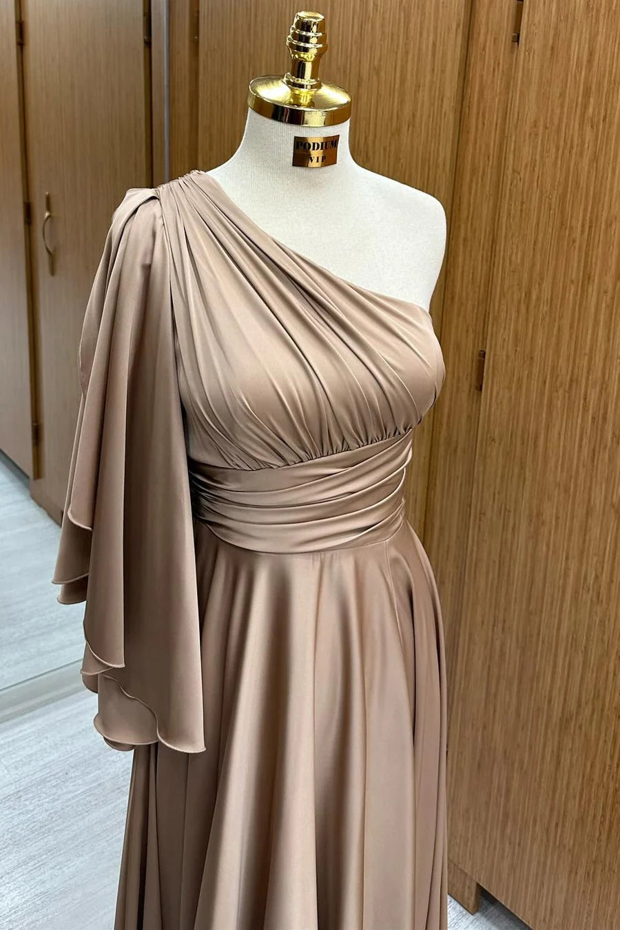 Champagne One-Shoulder Flared Sleeve A-Line Long Formal Dress