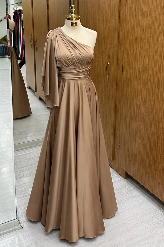 Champagne One-Shoulder Flared Sleeve A-Line Long Formal Dress
