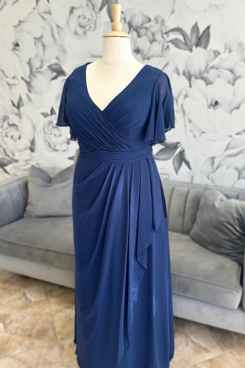Navy Chiffon Surplice Ruffle Long Formal Dress