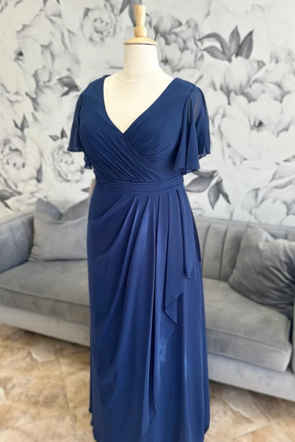 Navy Chiffon Surplice Ruffle Long Formal Dress