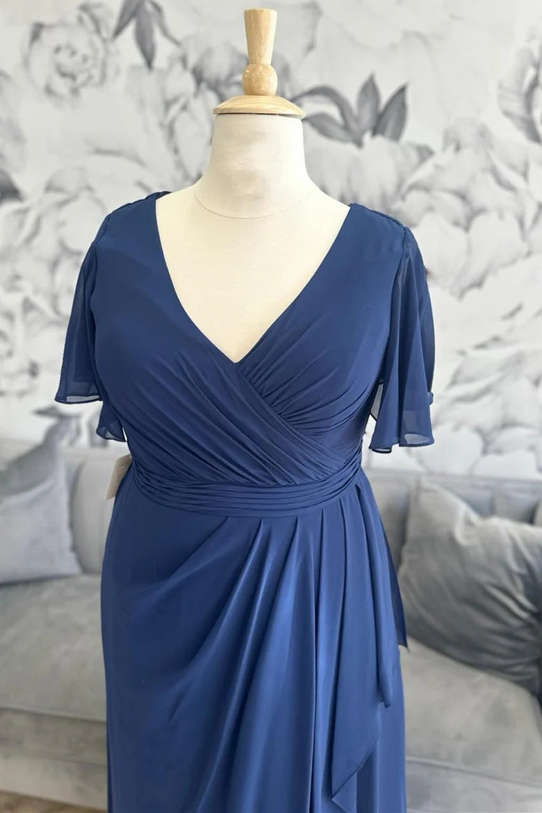 Navy Chiffon Surplice Ruffle Long Formal Dress