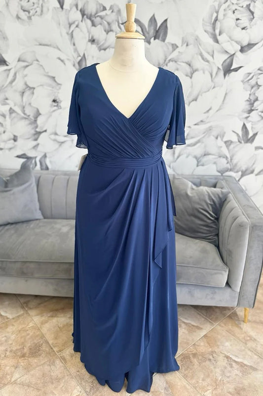 Navy Chiffon Surplice Ruffle Long Formal Dress