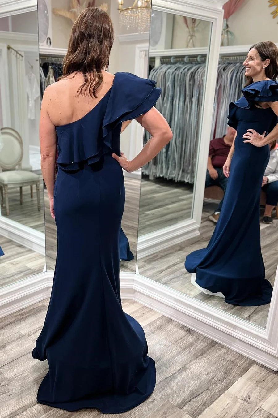 Navy Blue One-Shoulder Ruffle Mermaid Long Formal Dress