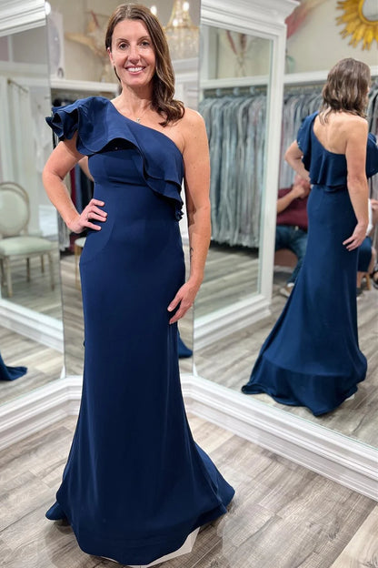 Navy Blue One-Shoulder Ruffle Mermaid Long Formal Dress