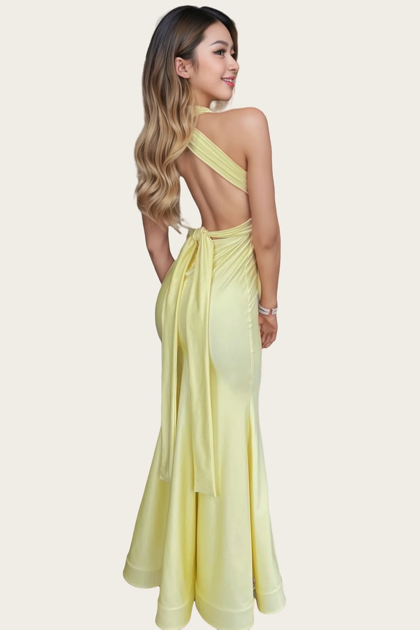 Plunge Neck Criss-cross Back Mermaid Long Dress