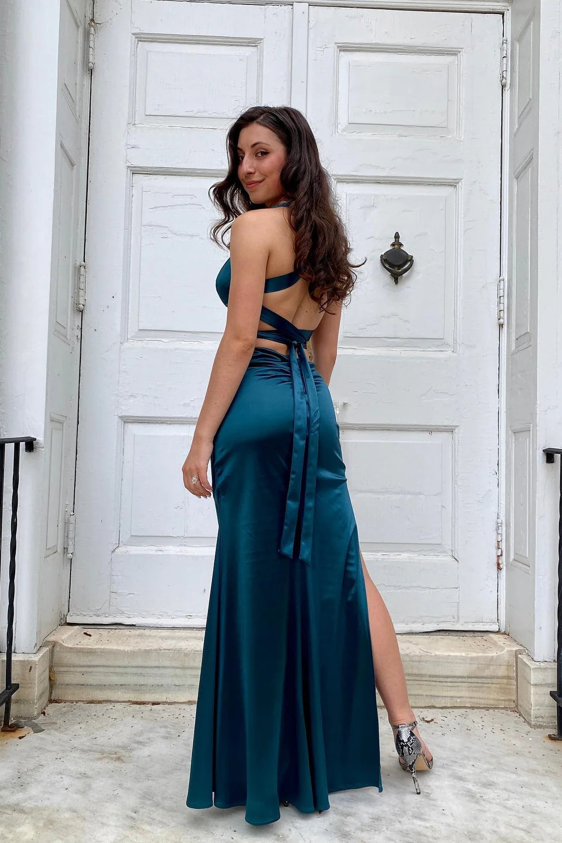 V-neck Ink Blue Criss-cross Back Long Dress