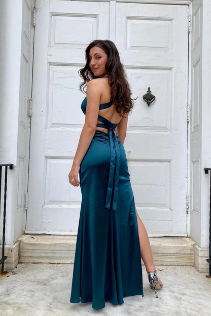 V-neck Ink Blue Criss-cross Back Long Dress