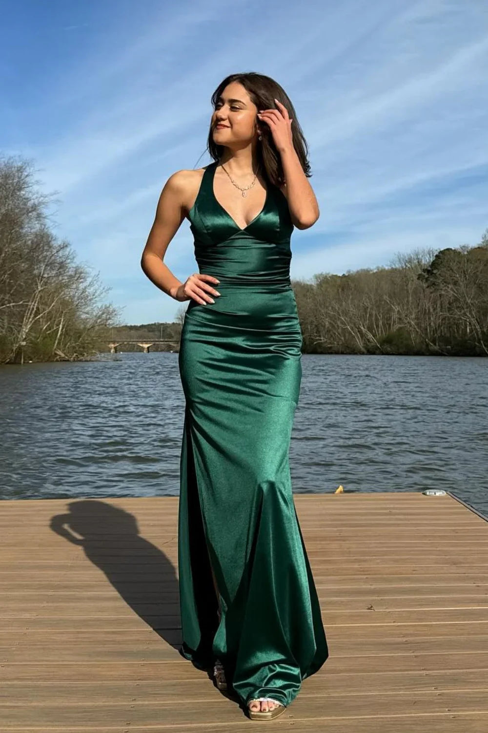 V-neck Ink Blue Criss-cross Back Long Dress