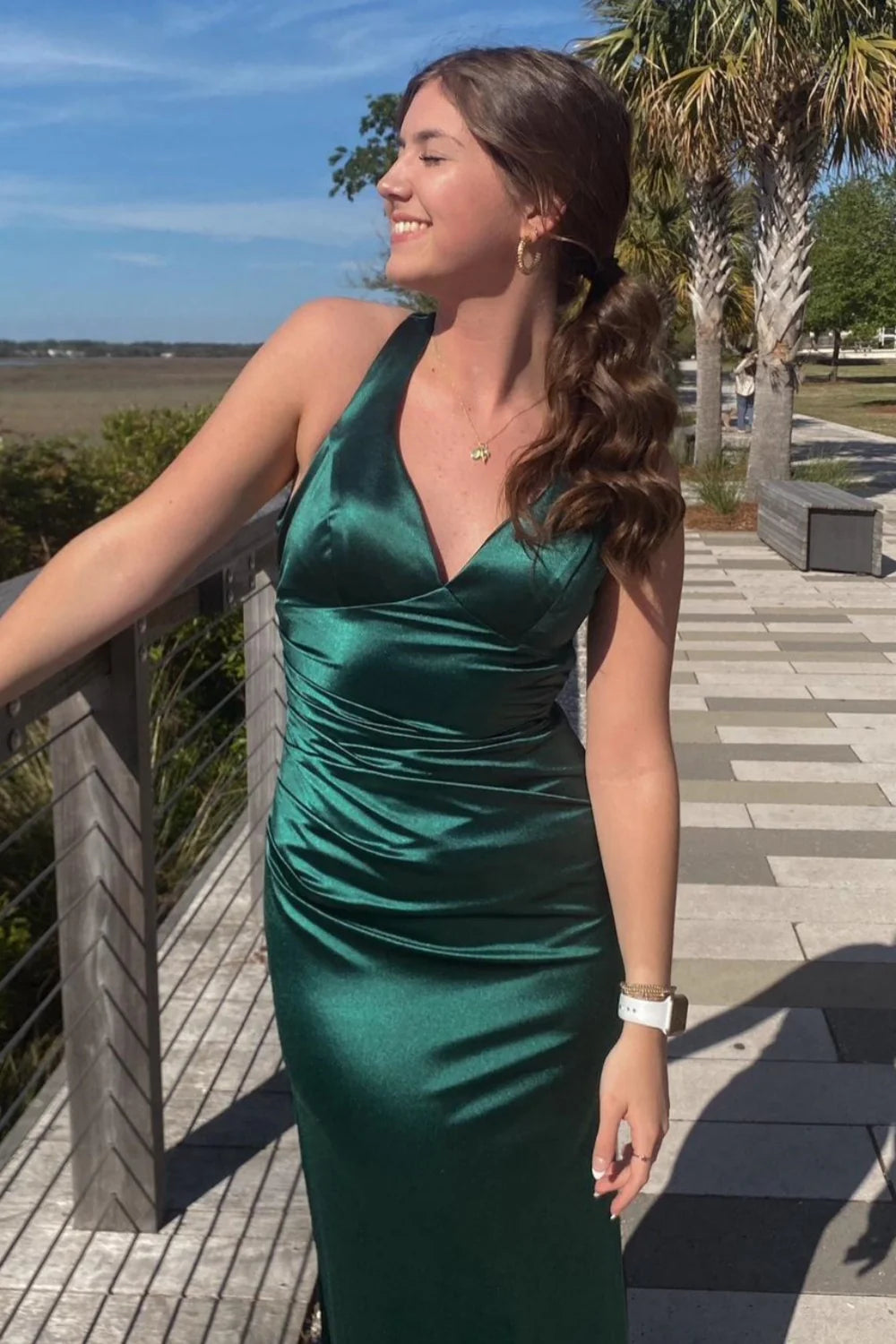 V-neck Ink Blue Criss-cross Back Long Dress