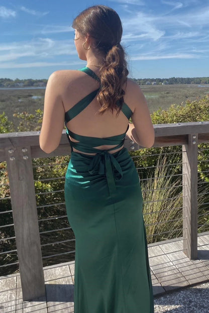 V-neck Ink Blue Criss-cross Back Long Dress