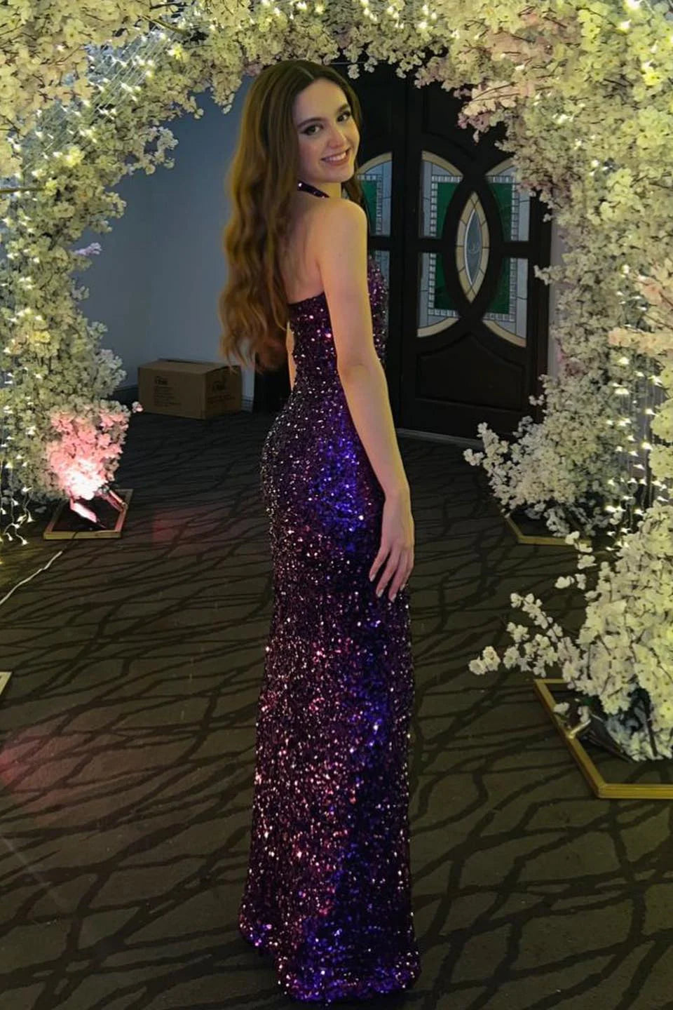 Halter Purple Sequin Open Back Sheath Long Dress