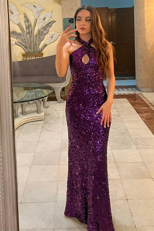 Halter Purple Sequin Open Back Sheath Long Dress