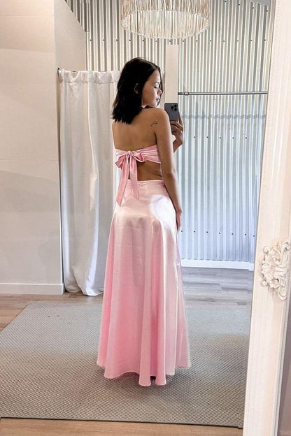 Strapless Pink Back Tie A-line Long Dress