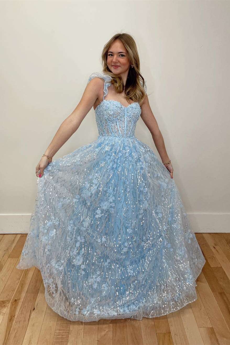 Ruffle Sleeves Light Blue Appliques Long Dress
