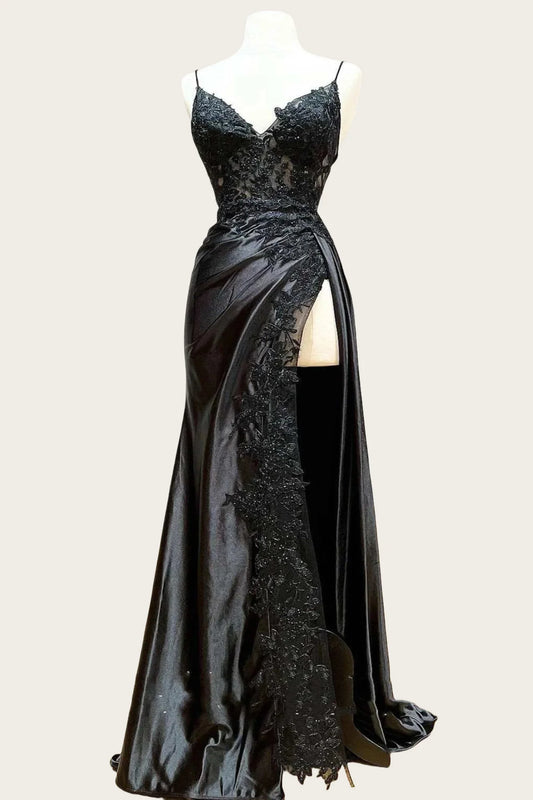 Straps Black Appliques Long Dress with Slit