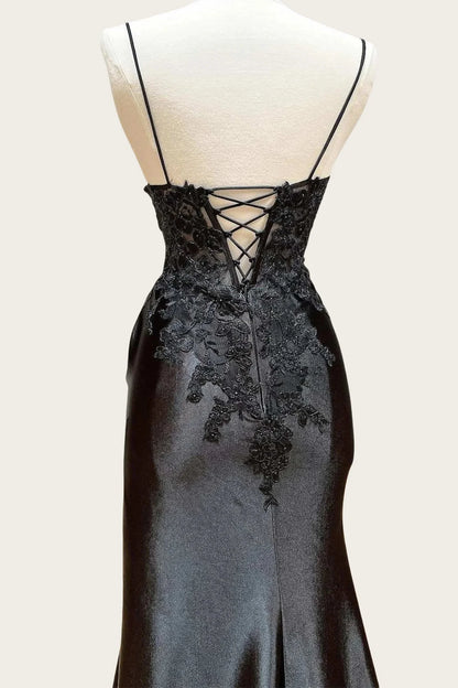 Straps Black Appliques Long Dress with Slit