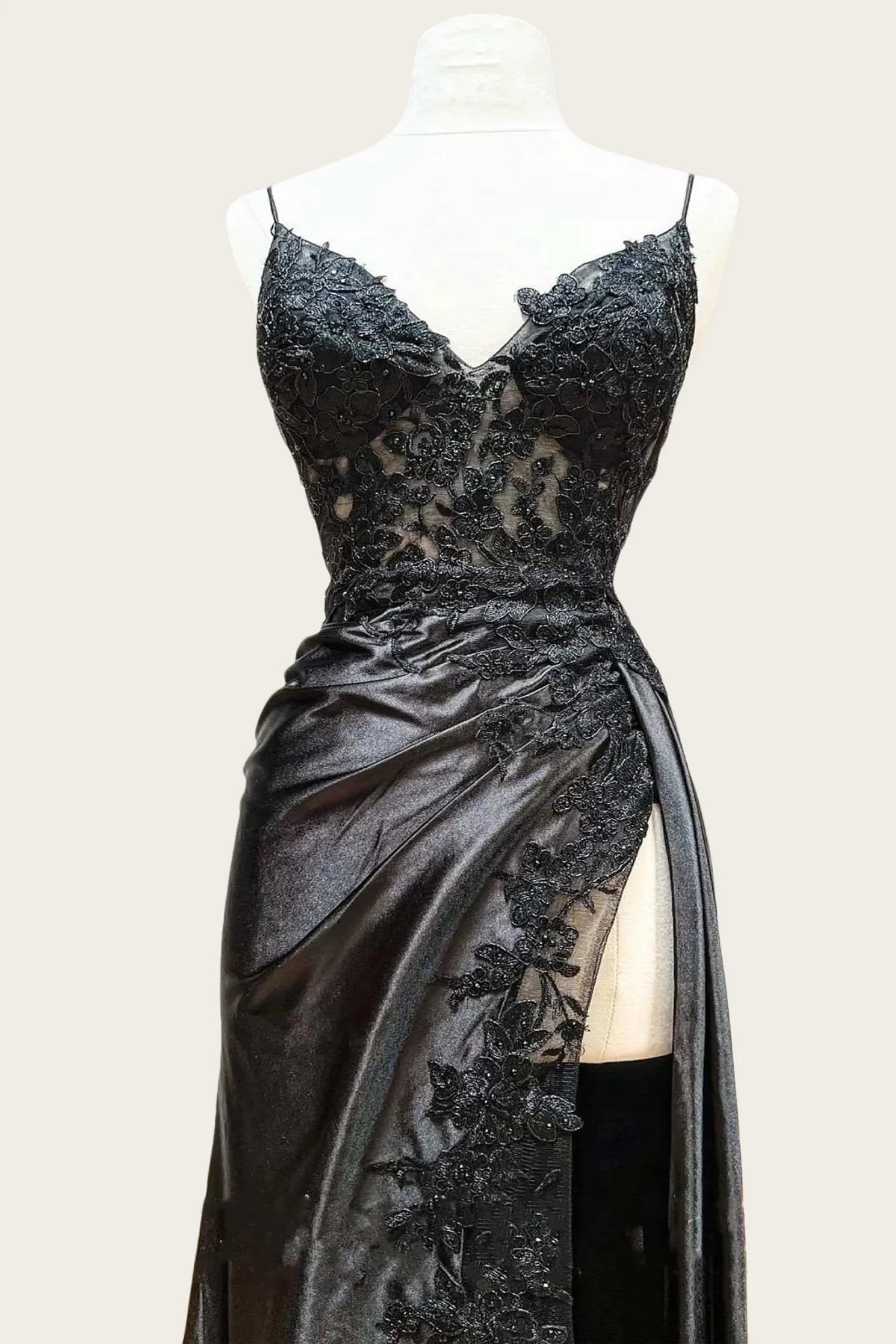 Straps Black Appliques Long Dress with Slit