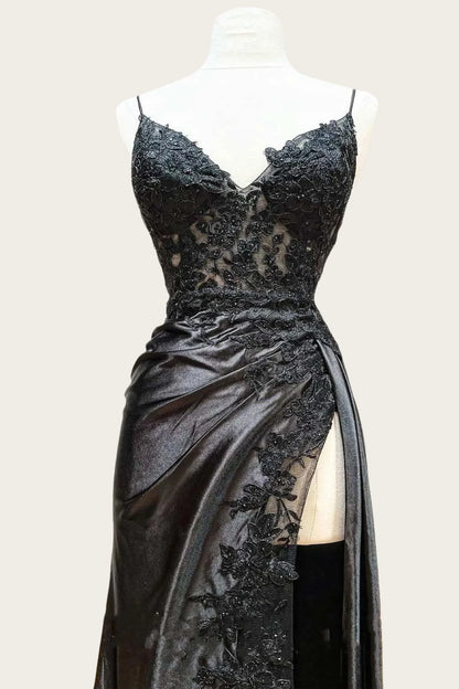 Straps Black Appliques Long Dress with Slit