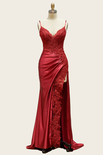 Straps Black Appliques Long Dress with Slit