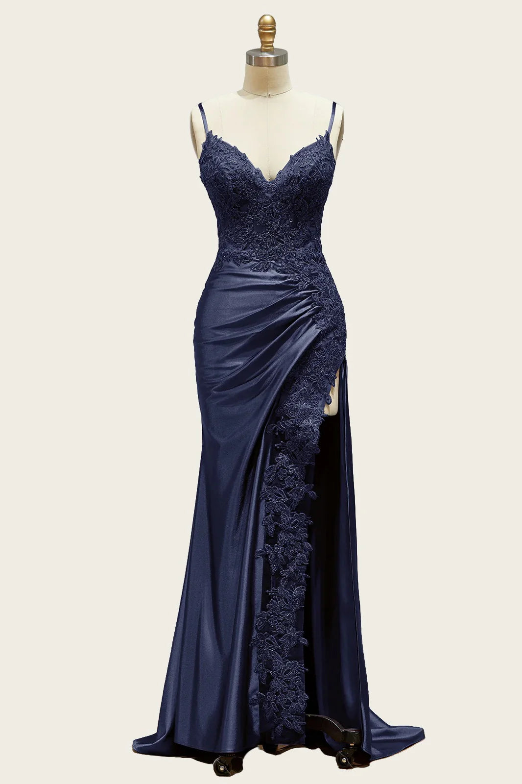 Straps Black Appliques Long Dress with Slit