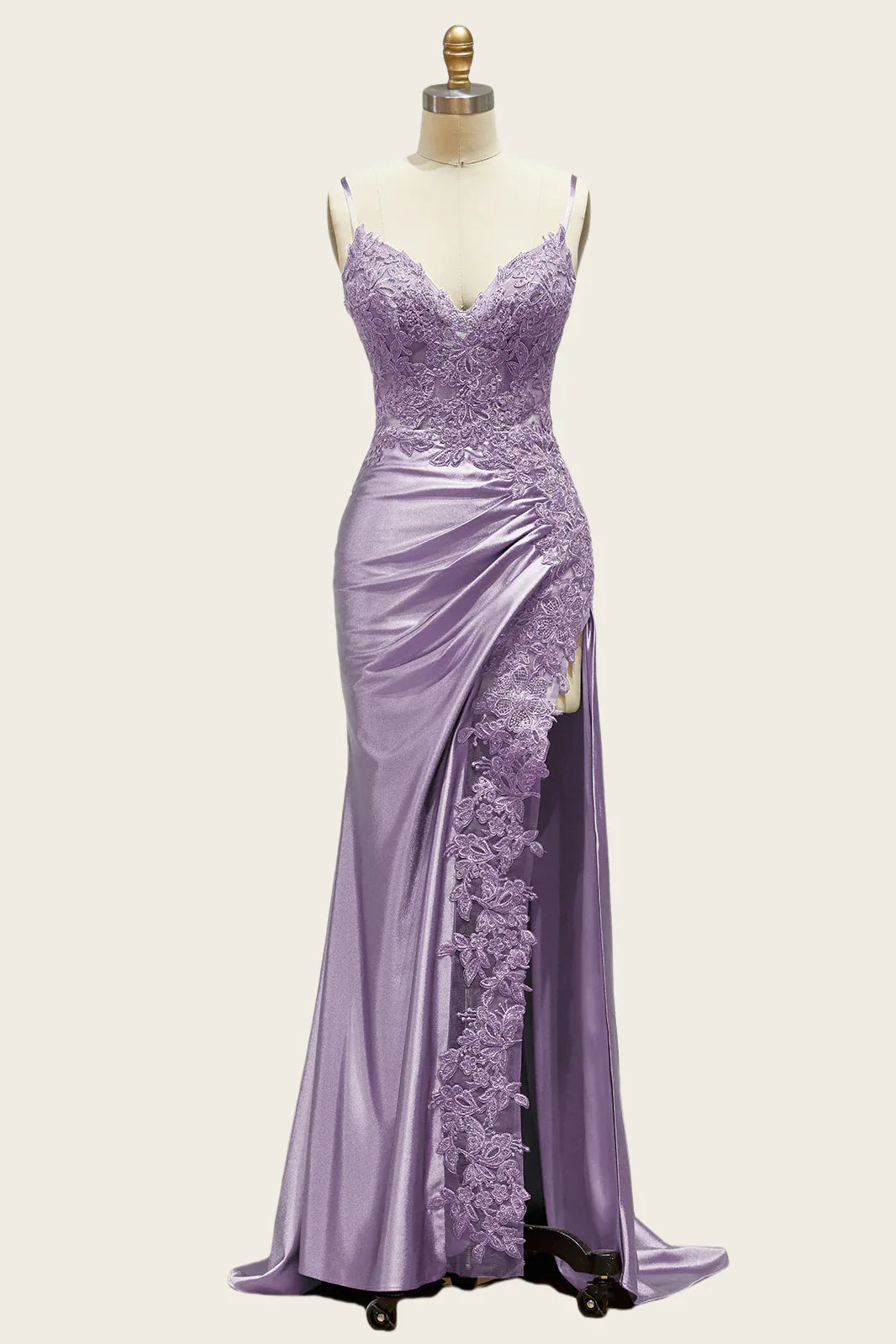 Straps Black Appliques Long Dress with Slit