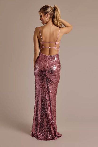 Sequin Square Neck Sheath with 3D Flowers