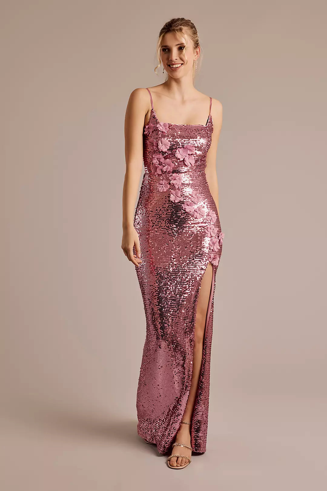 Sequin Square Neck Sheath with 3D Flowers